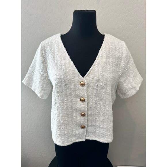 LULUS | Cream Tweed Textured Button Front Crop Top NWT | Size Medium - Picture 2 of 7